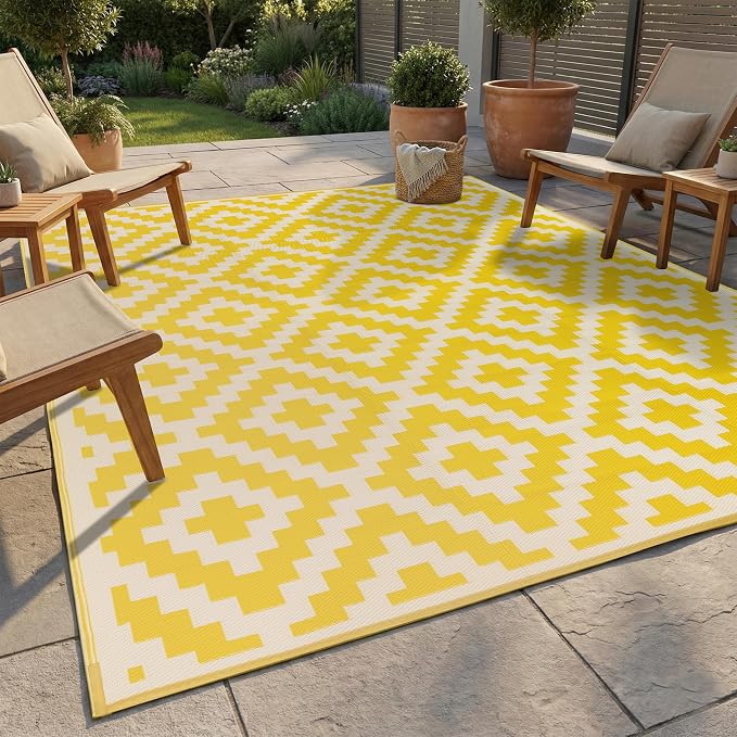 FH Home Outdoor Camping Rug - Waterproof, Fade Resistant, Reversible - Premium Recycled Plastic - Geometric - Large Patio, Deck, Sunroom, RV - Aztec - Yellow & White - 9 x 12 ft Foldable