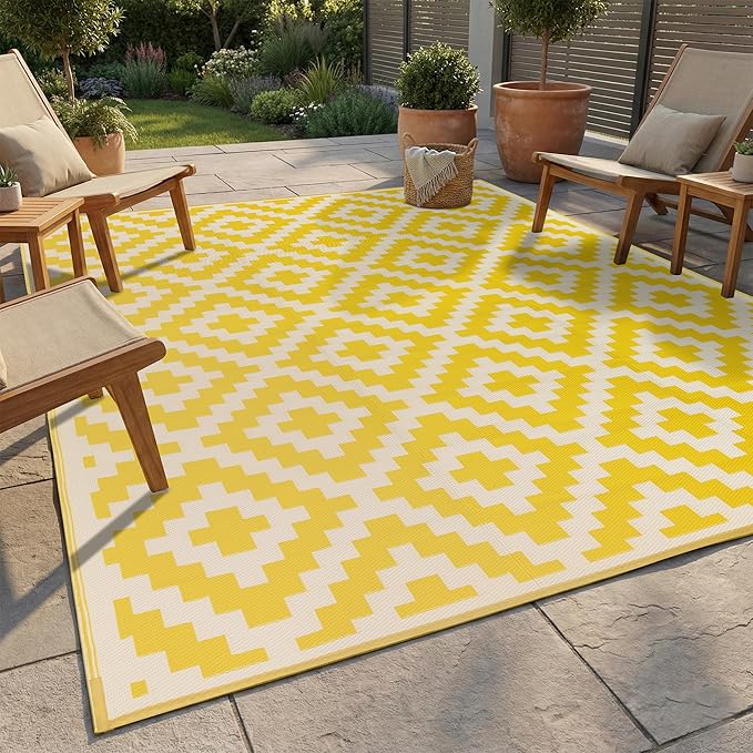 FH Home Outdoor Camping Rug - Waterproof, Fade Resistant, Reversible - Premium Recycled Plastic - Geometric - Patio, Deck, Sunroom, RV - Aztec - Yellow & White - 5 x 8 ft Foldable