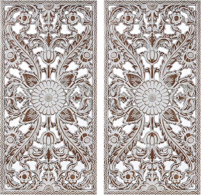 Madison Park Wall Décor for Living Room - Botanical Panel, Home Accent Modern Kitchen Dining Decoration, Ready to Hang 2-Piece Distressed Carved Wood Panel Set for Bedroom, 15.75"W x 31.50"H, Antique Brown