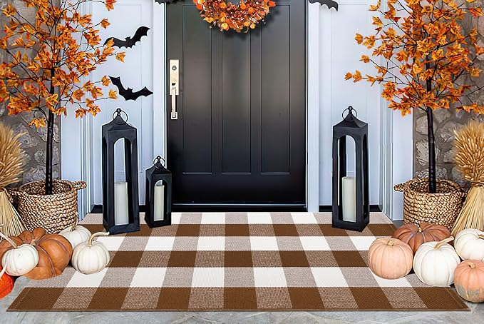 Coffee and White Outdoor Rug 24''x51''Checkered Plaid Front Porch Rug Cotton Woven Washable Door Mat Outdoor for Layered Doormat Hello Welcome Door Mat Kitchen Farmhouse Entryway
