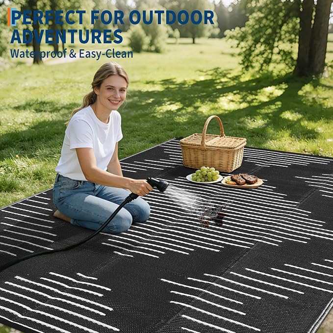 Garvee Waterproof Outdoor Rug 5x8 Rug Plastic Reversible Area Rugs Indoor Outdoor Carpet for Patio RV Porch Balcony Backyard Picnic Black White