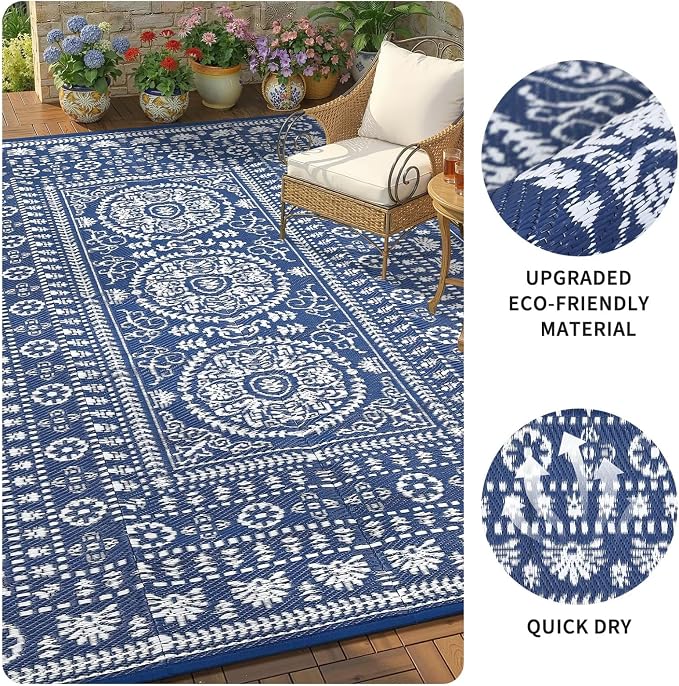 Garvee Reversible Outdoor Rug 6x9 for Patio, Waterproof Outdoor Area Rug, Modern Medallion Indoor Outdoor Rugs, Plastic Straw Rug for RV, Camping, Deck, Vintage Navy