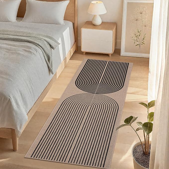COZYLOOM Easy Jute Rugs for Entryway 2x6 Kitchen Runner Rug Non Slip, Modern Arch Striped Washable Rug Stain Resistant Farmhouse Carpet Non Shedding Foldable Mats for Bedroom, Patio, Nature＆Black