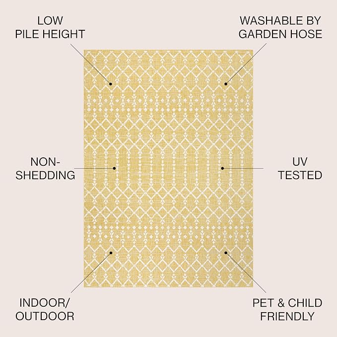 JONATHAN Y Moroccan Geometric Indoor Outdoor Round Area Rug 5 Ft Yellow/Cream, Ourika Textured Weave for Backyard, Patio, Porch, Easy-Cleaning, High Traffic, Pet-Friendly, Non-Shedding (SMB108G-5R)
