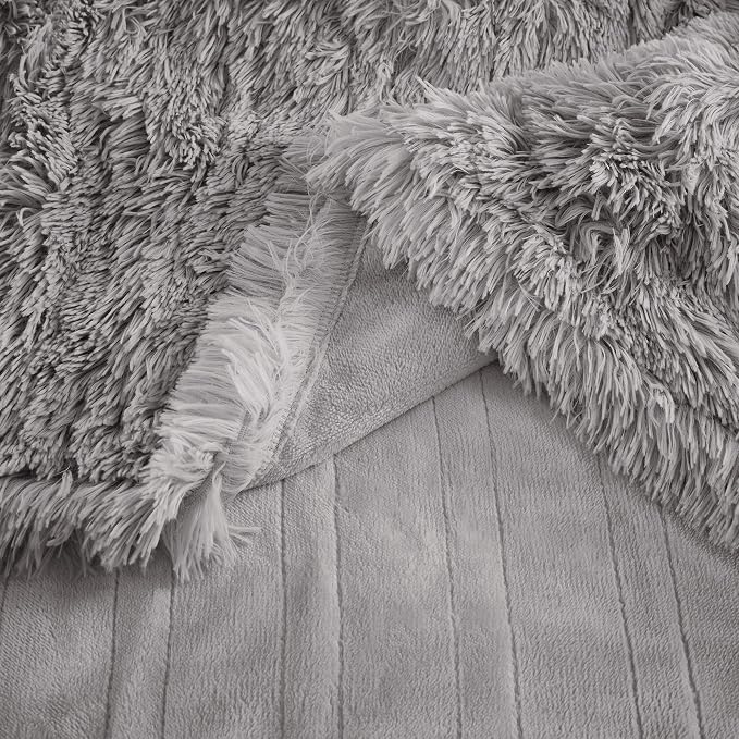 Serta Mila Shaggy Heated Throw Blanket - Soft Faux Fur Heated Blanket, Fast Heating, Auto Shut Off Timer, Low EMF, 5 Heat Setting, ETL Certified, Machine Washable Electric Blanket, Ash Grey 50"x60"