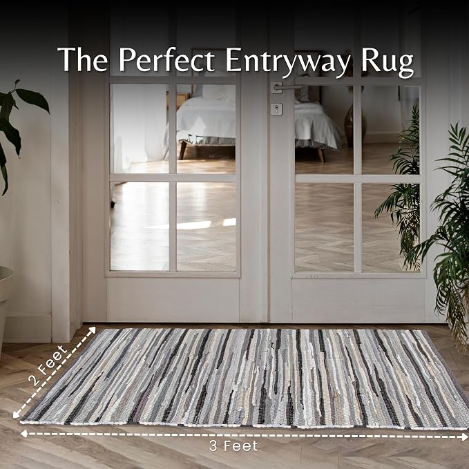 Ramanta Home 100% Cotton Chindi Rag Rug 2'x3' - Charcoal, Recycled Reversible Rug, Boho Rustic Farmhouse Rugs for Living Room, Kitchen, Entryway, Bedroom Floor Mats - 24"x36"