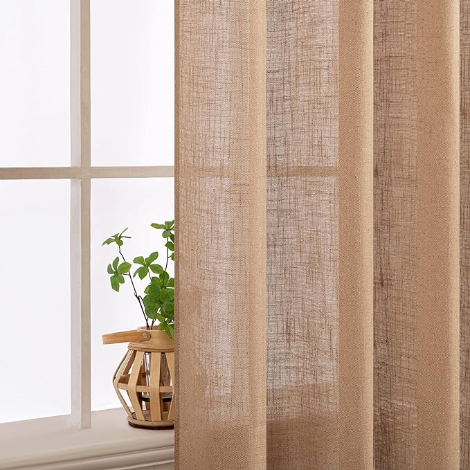 MIULEE Brown Linen Curtains 84 Inch Length for Bedroom Living Room, Soft Thick Linen Textured Window Drapes Semi Sheer Light Filtering Back Tab Rod Pocket Burlap Look, 2 Panels, 37x84 Inches