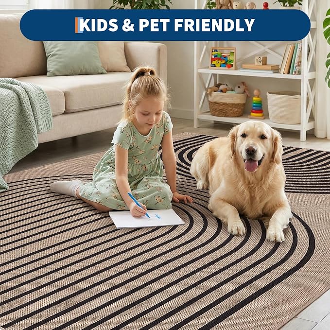 GarveeHome Modern Rainbow 8x10 Easy Jute Rug for Living Room Indoor Outdoor Patio Farmhouse, Contemporary Neutral Non Slip Non Shedding Carpet for Bedroom Backyard Dining Room