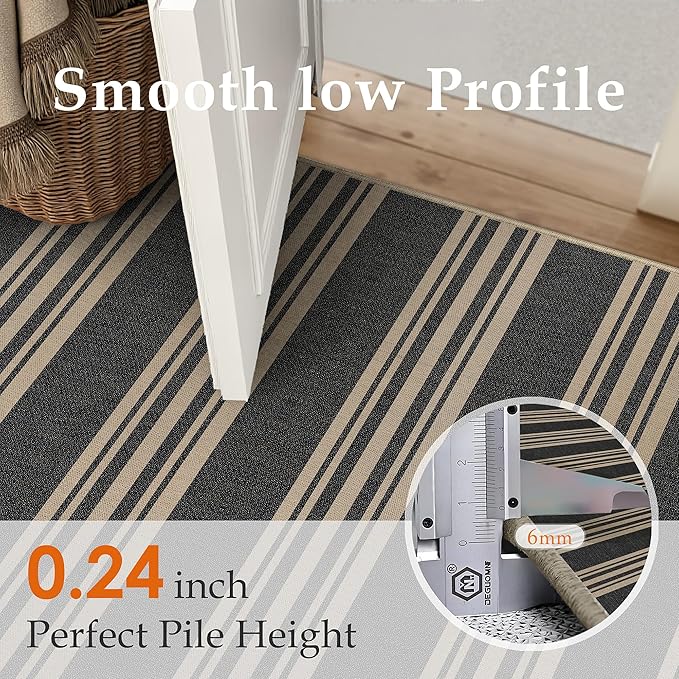 PureCozy Striped Easy Jute 2x8 Kitchen Runner Rug Black Washable Carpet for Hallway Non Slip Farmhouse Neutral Non Shedding Indoor Outdoor 2'6"x8 Long Rug Bathroom Bedroom Laundry Entryway