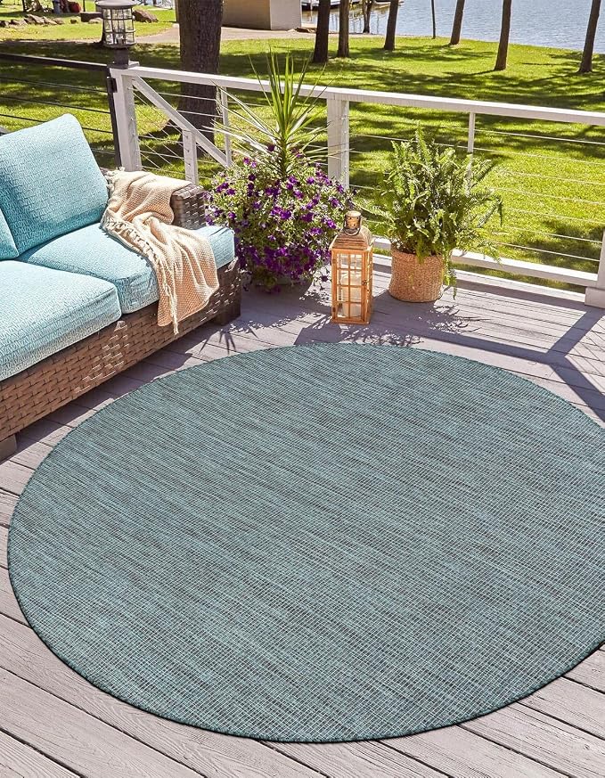 Unique Loom Outdoor Solid Collection Area Rug (5' 3" Round Teal/Navy Blue)