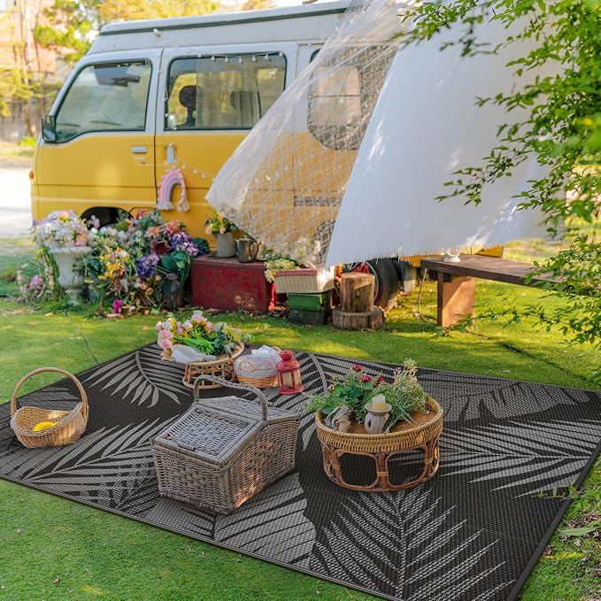 GENIMO Outdoor Rug, Waterproof Plastic Rugs for Patio, 5'x8' Black Grey | Outside Larger Leaf Carpet Mat for Porch Decor, Deck, Balcony, Camping, RV, Backyard, Picnic, Beach, Reversible, Foldable