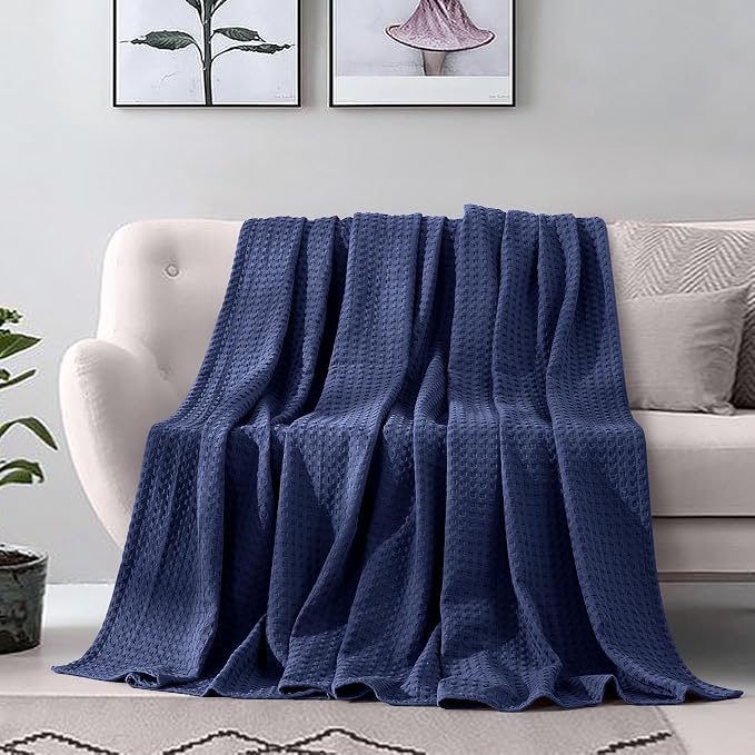 Elegant Comfort Premium 100% Cotton Waffle Blanket - Lightweight Breathable Waffle Weave Bed Blanket - Soft and Warm All Season Blanket for Couch, Sofa and Bed, King Size 90x108 Inches, Navy Blue