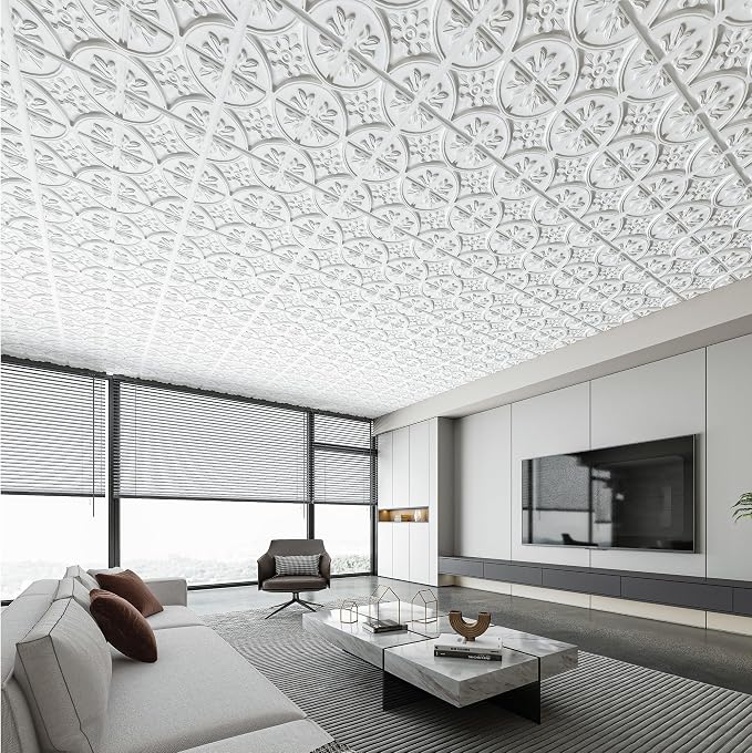 Art3d Drop Ceiling Tiles 24x24in. (12-Pack, 48 Sq.ft), Wainscoting Panels Glue Up 2ft x 2ft, White | PVC, Water Resistant, Shatterproof, Fade-Resistant, Compatible with Grid System, Versatile for Living Room, Bedroom & Office