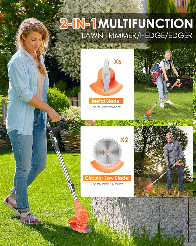 21V Cordless Weed Wacker, Lightweight 3-in-1 Grass Trimmer/Brush Cutter/Edger, Battery Powered Weed Eater with 2×2.0Ah Batteries, Foldable Electric Lawn Mower, 2 Types Blade & Wheels for Garden Yard
