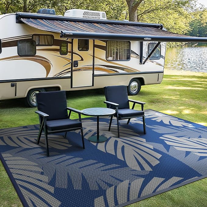 GENIMO Outdoor Rug, Waterproof Plastic Rugs for Patio, 6'x9' Blue Grey | Outside Larger Leaf Carpet Mat for Porch Decor, Deck, Balcony, Camping, RV, Backyard, Picnic, Beach, Reversible, Foldable