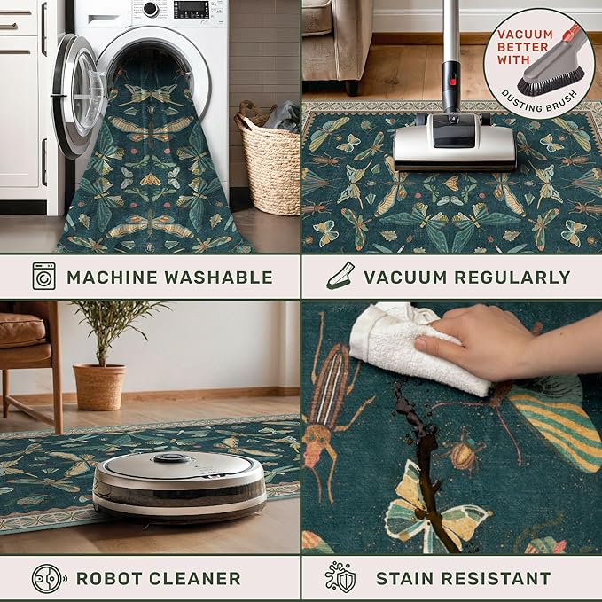 Teal 3x5 Entryway Rug - Door Rug Indoor for Large Kitchen, Living Room, Washable Low Pile Insect Décor