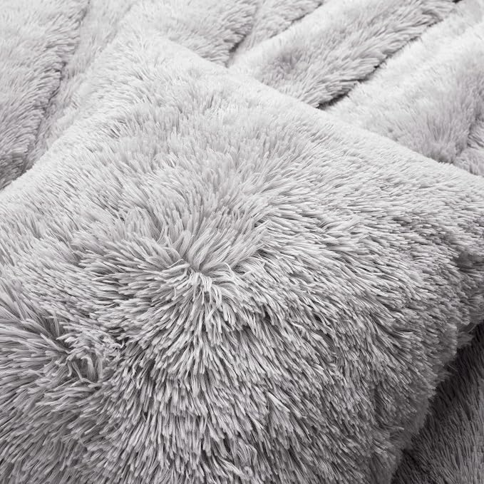 Lush Decor Emma Faux Fur Soft Fluffy Oversized Duvet Cover Set, Full/Queen, Light Gray - Warm Plush 3 Piece Bedding Set