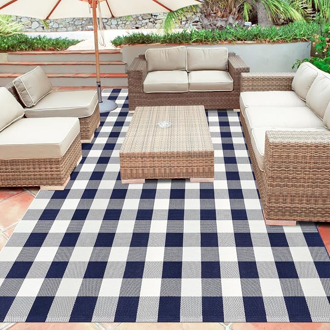 Buffalo Plaid Rug 6x9 Feet Buffalo Check Area Rug Cotton Woven Navy and White Checkered Washable Indoor Outdoor Carpet for Living Room Farmhouse Dining Bedroom Patio
