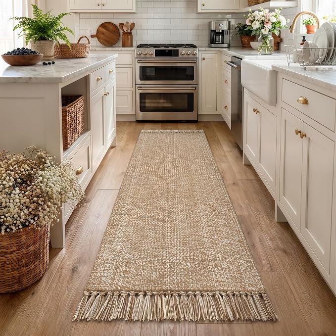 Collive Boho Kitchen Runner Rug, 2' x 7' Washable Modern Farmhouse Bathroom Mats, Hand-Woven Rug Runners Hallway Tan Reversible Bedroom Carpet for Laundry Entryway Home Decor