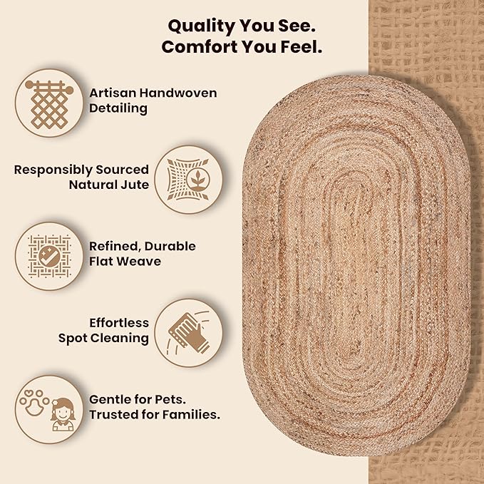 Craft Trade 3x5 Ft Oval Jute Rug - Natural Braided & Reversible Area Rug - Eco-Friendly Handwoven Natural Fiber Doormat and Indoor Foot Rug