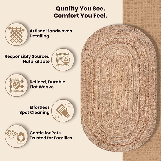 Craft Trade Oval Jute Area Rug, 4x6 Feet, Natural Braided Handwoven Floor Carpet, Reversible Oval Jute Rug for Living Room, Bedroom and Dining Space