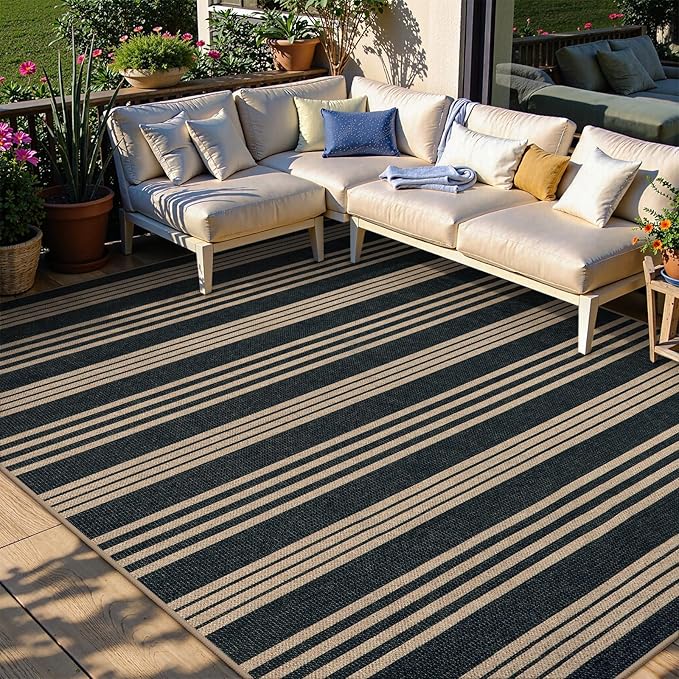 Lahome Striped Easy Jute Living Room Rug, 6x9 Outdoor Area Rugs Washable | Porch Patio Rug Black, Modern Farmhouse Neutral Non Slip Stain Resistance Indoor Carpet for Dining Under Table Mudroom