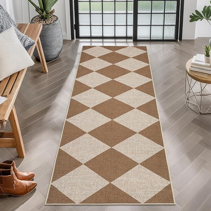 Garvee 2x6 Kitchen Rugs Non Slip Washable Runner Rug, Geometric Easy Jute Indoor Outdoor Rugs for Entryway, Non Shedding Stain Resistant Neutral Diamond Mat for Patio, Porch, Bedroom, Coffee/White
