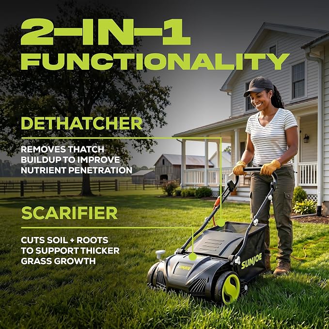 Sun Joe 15-Inch Lawn Dethatcher with Scarifier Blade Reel, AJ805E | and Collection Bag - 13-Amp Corded Yard Power Rake Tool Machine for Grass Thatch Removal, Electric Powered