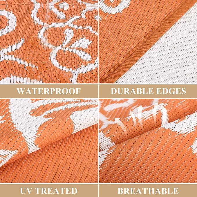 Pauwer Outdoor Rug 8x10, Waterproof Plastic Camping Rug, Floral Orange | Reversible Patio Rug, UV Resistant Indoor Outdoor RV Mat Carpet For Deck, Camper, Porch, Balcony, Backyard, Picnic, Foldable