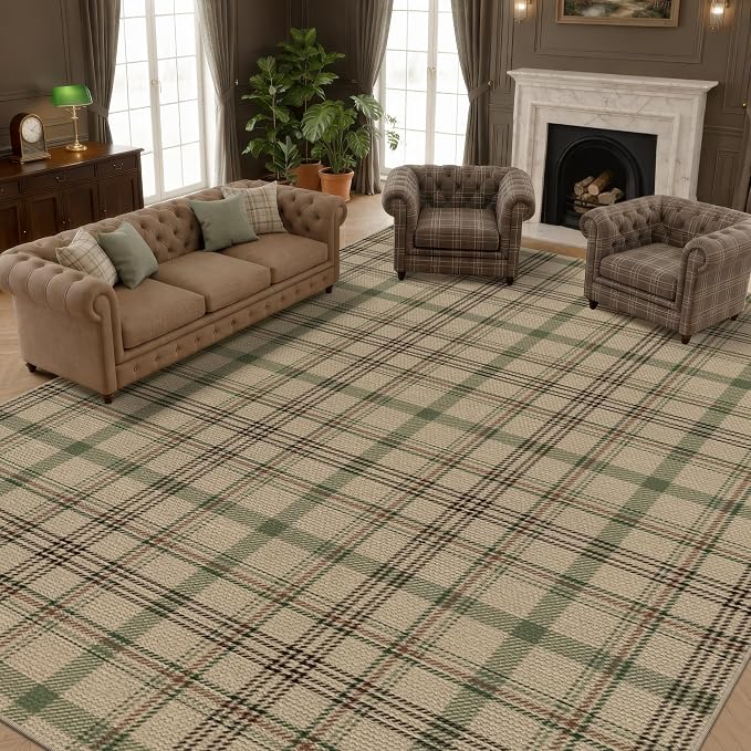 Washable Easy Jute Living Room Rug - Aesthetic Bedroom Rug Under Bed, Outdoor Rug 9x12 for Patio, Large Farmhouse Indoor Outdoor Carpet, Contemporary Non Slip Sage Plaid Decor for Dining Room