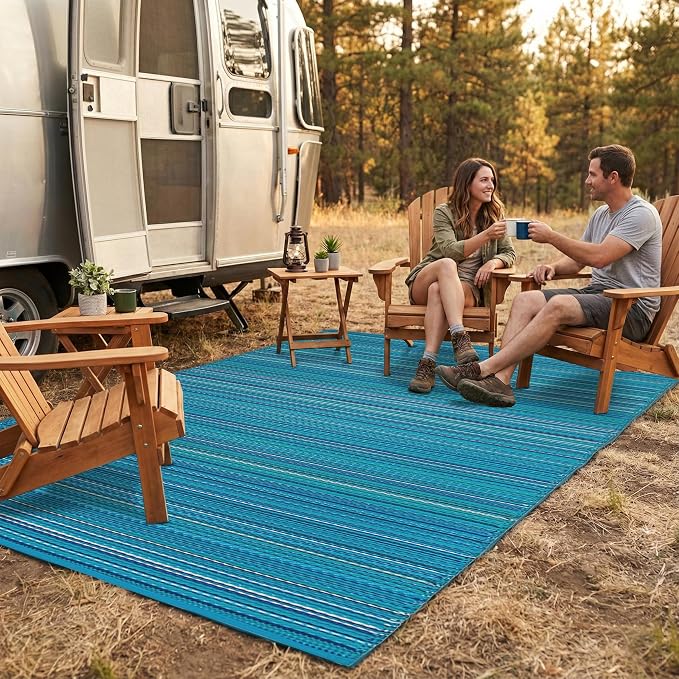 FH Home Outdoor Camping Rug - Waterproof, Fade Resistant, Reversible - Premium Recycled Plastic - Striped - Large Patio, Deck, Sunroom, RV - Havana - Turquoise - 9 x 12 ft Foldable