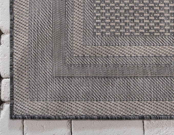 Unique Loom Outdoor Border Collection Area Rug - Soft Border (9' x 12' Rectangle, Black/ Ivory)