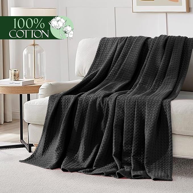 Elegant Comfort Premium 100% Cotton Waffle Blanket - Lightweight Breathable Waffle Weave Bed Blanket - Soft and Warm All Season Blanket for Couch, Sofa and Bed, King Size 90x108 Inches, Black