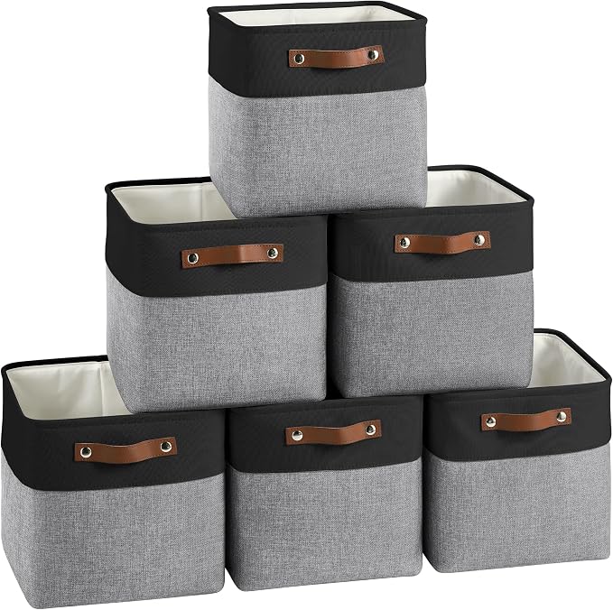 FinishingBo 11 inch Cube Storage Bin 6 Pack, Cube Organizer Bins | Fabric Storage Bins With Handles, 11x11 Storage Cubes, Shelf Basket, Black/ Gray