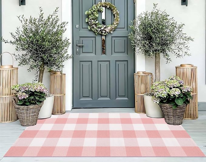 Pink and White Outdoor Rug 2'X4.3' Buffalo Plaid Checked Front Porch Rug Cotton Woven Washable Rug Layering Doormat for Welcome Door Mat Entryway Dining Room Bedroom Living Room