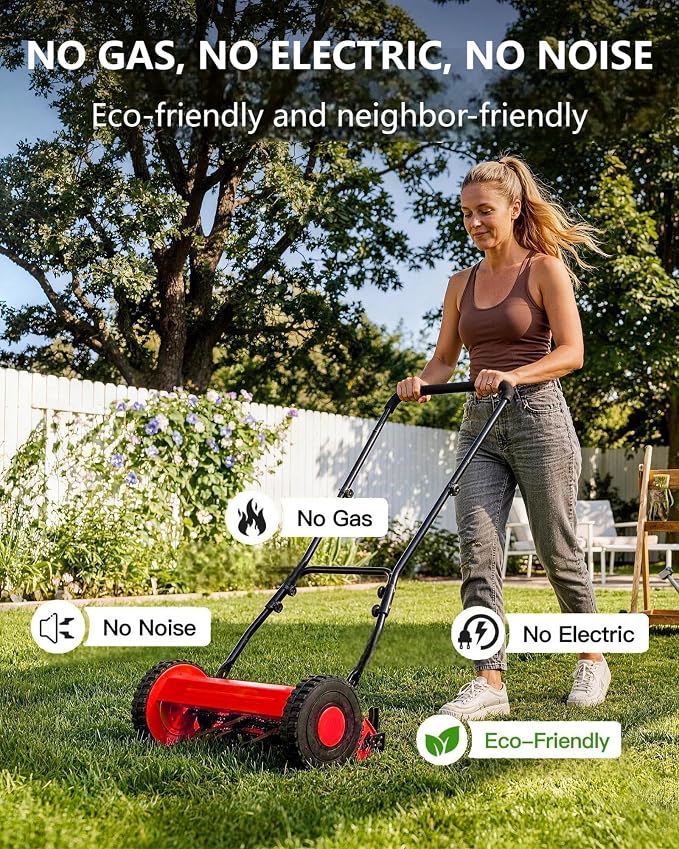 14-Inch Hand Push Reel Lawn Mower, 5-Blade Manual Push Lawnmower | 0.4-4" Adjustable Cutting Height, Lightweight for Small/Medium Yards, Easy Assembly, Compact & Quiet, Red