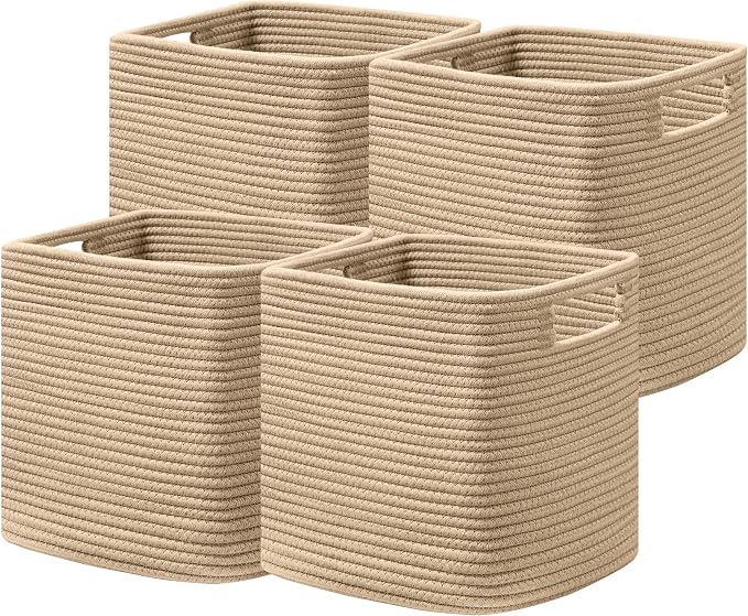 UBBCARE Set of 4 Storage Basket-12 X 12 X 12 in, Cotton Rope Basket for Shelves, Toys, Book, Cube Storage Bins with Handles, Woven Storage Basket for Organizing, Brown