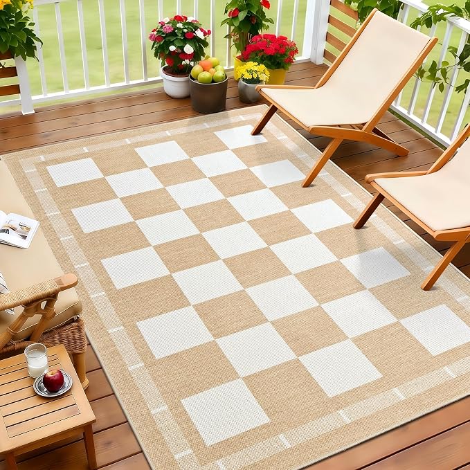 Vasofe Checkered Jute Rugs, 5x7 Outdoor Rug, Washable Rugs for Living Room | Bedroom Indoor Carpet, Non Slip Modern Farmhouse Geometric Area Rugs, Office Backyard Dining Room Mat, Khaki and White