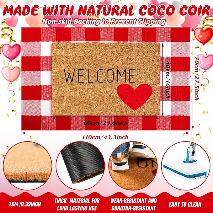 Moucuny 2 Pcs Valentine's Day Coir Welcome Doormat Valentine's Day Rug Outdoor Layered Buffalo Plaid Red and White Mat Red Heart Mat for Front Porch Entryway Outdoor