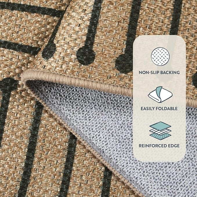 Lahome Neutral Outdoor Rug 5x7, Black and Brown Classroom Easy Jute Rug | Nature Farmhouse Rhombus Non Slip Non Shedding Outdoor Patio Carpet for Balcony Dining Room