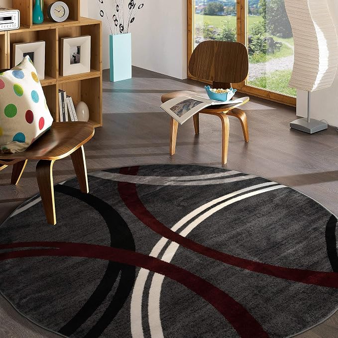 Rugshop Wavy Circles Modern Non-Shedding Living Room Round Rug Red 8' | Round, Bedroom, Dining Room, Home Office, Kitchen, Entryway, Hallway, Nursery, Kids Room, Guest Room, High Traffic Area