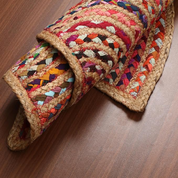 Boho Braided 1.5x3 Area Rug - Jute Chindi Half Circle Rug for Living Room Entryway, Farmhouse, Home Décor, Indoor Rugs Jute Door mat for Bathroom, Kitchen (Multi Natural, 1.5 X 3 ft)