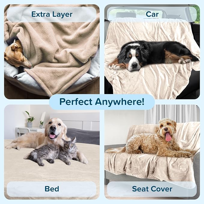 PETMAKER Dog Blanket, Cream, 60” x 70” | Reversible Sherpa Blanket - Throw Blankets for Bed, Couch, Crate, or Car - Machine Washable Puppy Essentials
