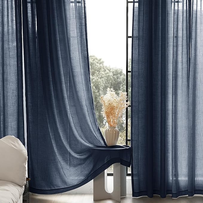 Navy Blue Curtains 86 inch Length for Bedroom Back Tab Light Filtering Semi Sheer Blue Living Room Curtains Linen Cotton Textured Indigo Blue Drapery Panel Modern Farmhouse Aesthetic Decor Dark Blue