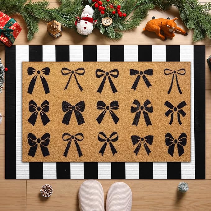 Tinideya 2 Pcs Door Mat Welcome Non Slip Coir Mats Floor Layering Doormats Seasonal for Front Porch Entryway Decor(Christmas Bows)