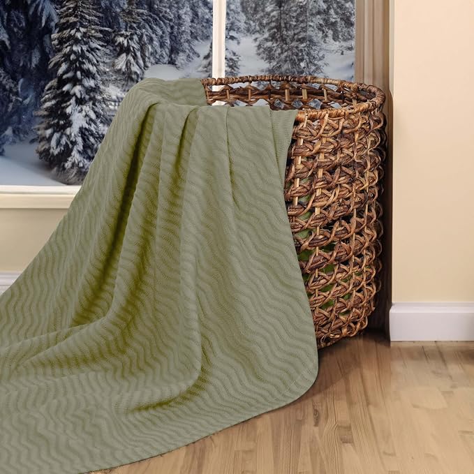 Superior JENA Cotton Blanket, for Picnic, Beach, Traveling or Camping, Bedroom Decor, Essentials, Cover for Bed, Couch, Lounging, Textured Jacquard, Modern Chevron Woven Blanket, Full/Queen, Sage