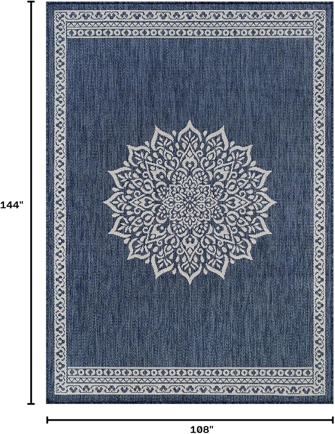 CAMILSON Outdoor Rug 9x12 Medallion Blue Modern Large Area Rugs for Indoor and Outdoor Patios Kitchen and Hallway Mats Washable Porch Deck Outside Carpet (Medallion Blue 9 x 12)