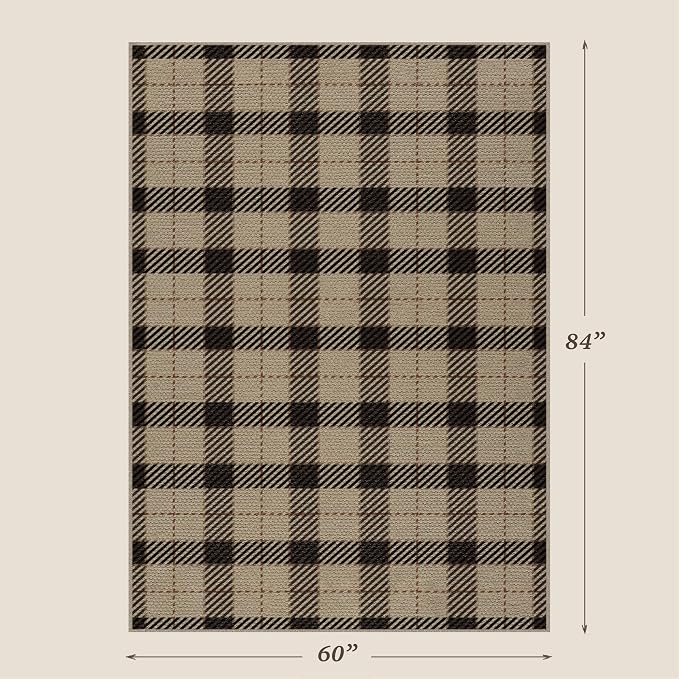 Easy Jute Area Rug 5x7, Washable Indoor Outdoor Plaid Rug for Living Room, Patio, Entryway, Bedroom, Farmhouse Non Slip Black & Tan Rug