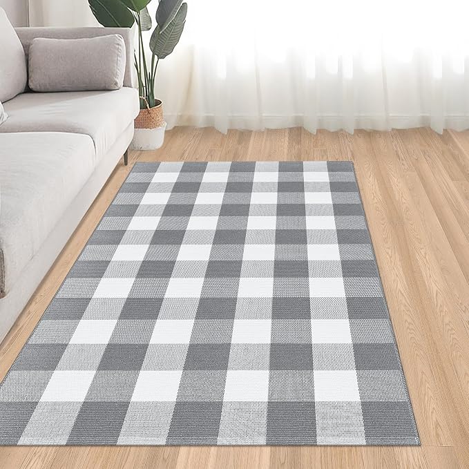 Buffalo Plaid Rug 3x5 Cotton Woven Buffalo Check Rug Grey and White Checkered Outdoor Rug Washable Indoor Outdoor Area Rug Layered Front Door Mats Carpet for Farmhouse Entryway Living Room Bedroom