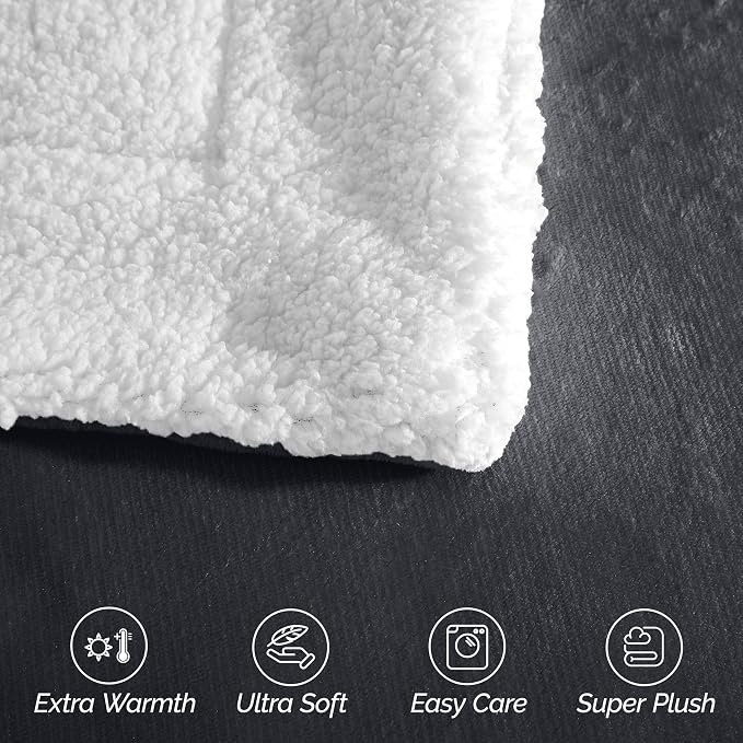 Elegant Comfort Ultra Soft Reversible Flannel Sherpa Blanket - Cozy Silky Fleece Throw for Couch, Bed - Plush Fuzzy Warm Winter Blanket for Gift, Queen, Gray